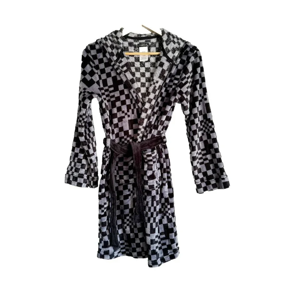 Cuddl Duds Robe Big Kid Size L 12/14 Plush Black Gray Check Hooded Belted Pocket